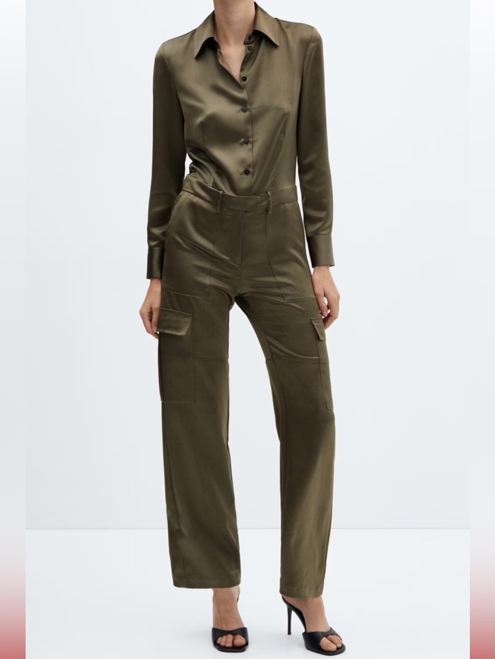 Satin Fabric Cargo Jumpsuit in Khaki Green